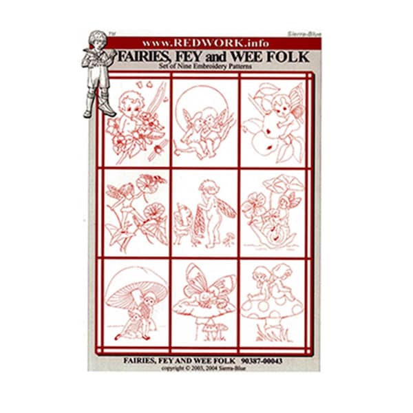 Fairies Fey and Wee Folk Redwork Hand Embroidery Pattern, Mushrooms, Magic Frog, Embroider, Color, frame or Quilt, Redwork, Nine 8x11 Blocks