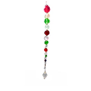 Red Green Clear Crystal and Glass Beaded icicle, Christmas Tree Decor, Holiday Ornament, For  tree or a Suncatcher in a Sunny window, 8.75in