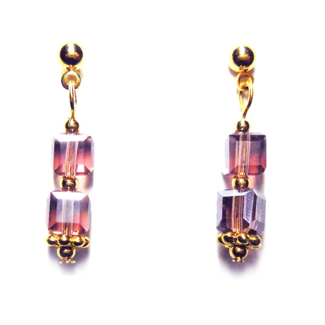 Drop Earrings Square Lavender Crystal Cubes Nickel Free Gold - Etsy UK
