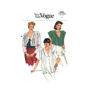 Vogue 9220, Size 12, Very Easy Very Vogue Sewing Pattern, Very loose fitting blouse has shoulder pads, dropped shoulders, front pleats