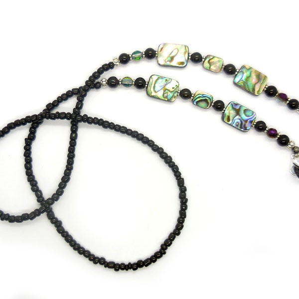 Abalone Rectangles, Larger and Smaller, black and AB 6mm beads and Black barrel beads for neck comfort, silver tone findings, 31 inches