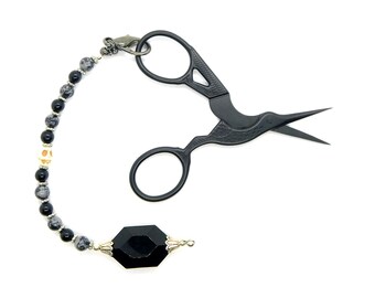 Small Crane Stainless Steel Matt Black Scissors 3.6" Plus a Goth Skull Scissor fob 6.5" Snowflake Obsidian, Black  glass beads, lobster claw