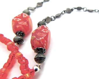 Beaded Milliflori, Glasses Chain, nerd leash, strap, Red-Orange beads, and OOAK vintage focals and Gunmetal tone metal disk chain, 30 in