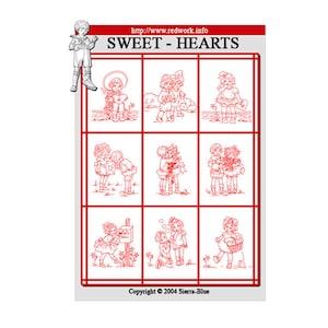 May include: A red and white sheet with nine illustrated panels of children in various poses, with the words "SWEET - HEARTS" at the top. The sheet also includes the text "http://www.redwork.info" and "Copyright © 2004 Sierra-Blue".