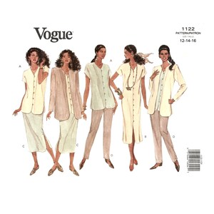 May include: A sewing pattern for a women's dress and jacket. The pattern is for sizes 12-14-16. The pattern is illustrated with four different women wearing the garments. The pattern is from Vogue.