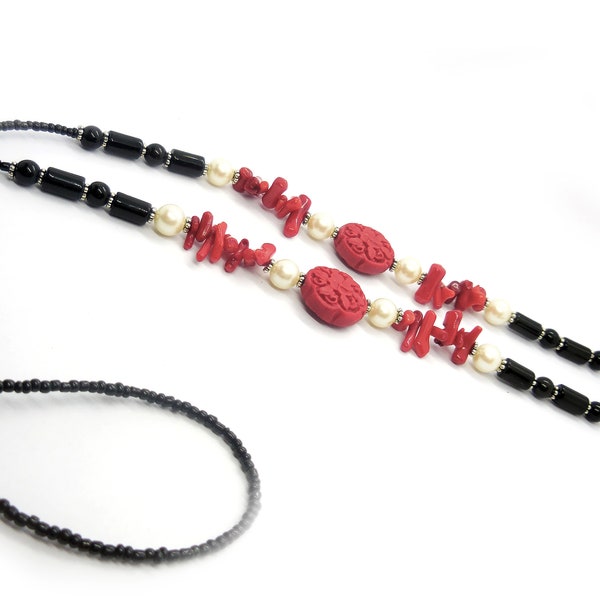 Beaded Glasses Chain, Eye Glass Chain, Lanyard, Holder, Sun Glasses, Carved Cinnabar and Red Coral, 49 Strand cable, Silver Tone, 31 inches