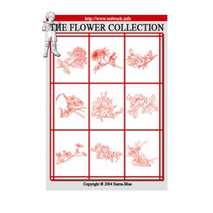 May include: A sheet of paper with nine red line drawings of flowers. The title "THE FLOWER COLLECTION" is at the top of the sheet. The website address "http://www.redwork.info" is above the title. The copyright notice "Copyright © 2004 Sierra-Blue" is at the bottom of the sheet.