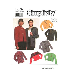 May include: Simplicity sewing pattern number 9875 for sizes 10-18. The pattern includes instructions for making seven different jackets. The jackets are shown in various colors and fabrics, including red, black, green, and patterned.