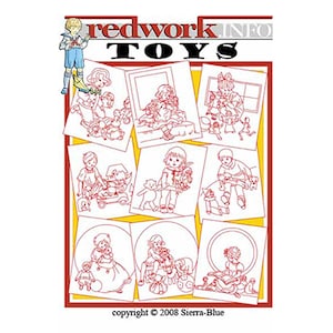 May include: A set of eight black and white line drawings of children playing with toys. The drawings are on a white background with a red border. The title "Redwork Toys" is at the top of the page. The copyright information is at the bottom of the page.