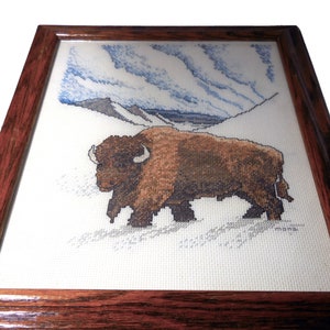 Framed American Bison Cross Stitch, Buffalo in the snowy Mountains, expertly Stitched in 2000, Signed Mona, Professionally Framed 8.5 X 10.5
