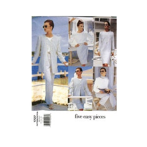 May include: A sewing pattern for five easy pieces of clothing. The pattern is for a jacket, skirt, pants, top, and dress. The pattern is shown on four models wearing the different pieces of clothing. The pattern is called "five easy pieces".