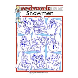 May include: A sheet of blue and white paper with nine different designs of snowmen. The designs include snowmen with hats, scarves, and carrying items like presents, shovels, and candy canes. The text "redwork.info Snowmen" is at the top of the sheet.