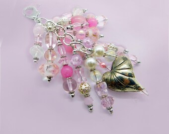 Beaded Chunky Purse Charm, Pink Glass Crystal and Metal Heart, Scissors Fob or Zipper Pull, 4.5 inches long