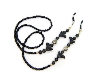 Beaded Glasses Chain, Hand Sculpted Vintage Black Clay Birds From