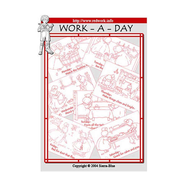 Work a Day Hand Redwork Embroidery, Work A Day, 7 Days of the week Redwork Pattern, Trace on fabric, Embroider, Color, Quilt, 11X8 7Designs