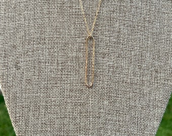 Gold Filled Charm Long Necklace with Hammered Oval Charm