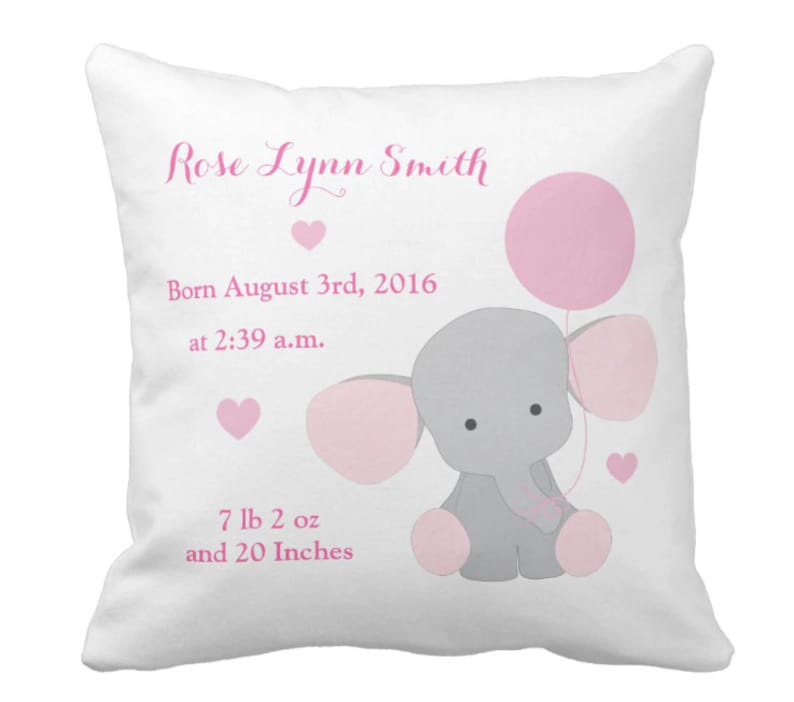 Distinct Interior Personalized Baby Birth Announcement Elephant Baloon Custom Birth Stats Cushion Cover; Baby Pillow With Name