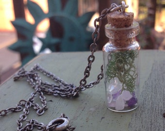 Terrarium Necklace - Amethyst Necklace - Quartz Necklace - Healing Stone - Hippie jewelry - Moss - Crystal - Unique Gifts her - Boho jewelry