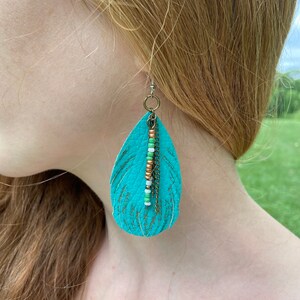 Turquoise Feather Earrings - Bohemian Jewelry - Hippie Earrings - Statement Jewelry - Unique gift idea for her - Suede Beaded Earrings - Zen
