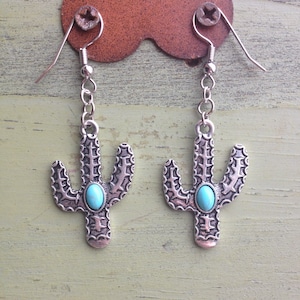 Cactus Earrings-Southwestern Jewelry-Turquoise Metal Cactus Earrings-Statement Jewelry-Cactus Jewelry-Western Jewelry-Cinco De Mayo Earrings