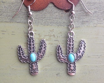 Cactus Earrings-Southwestern Jewelry-Turquoise Metal Cactus Earrings-Statement Jewelry-Cactus Jewelry-Western Jewelry-Cinco De Mayo Earrings