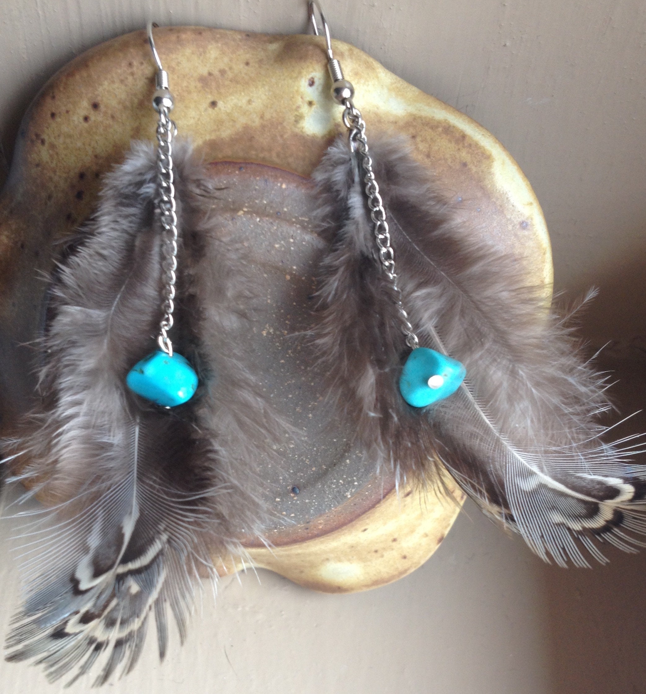 Feather Earrings Feather Turquoise Earrings Dangle Earrings Handmade