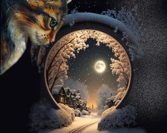 Tarjeta de felicitación, Navidad, Año Nuevo, tarjeta doble con gato y sobre: noche dorada