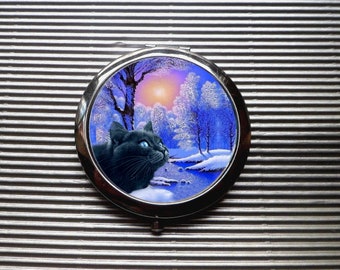 Grand  miroir de poche avec chat : nuit bleue