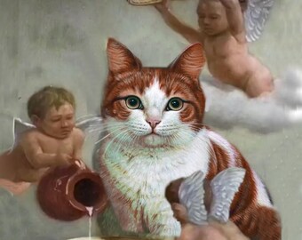 Tarjeta de felicitación doble con sobre, tarjeta con gato: atendido por ángeles.