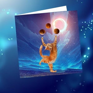 carte double  carrée avec chat  : le jongleur d'eclipses