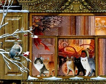 Tarjeta de felicitación doble con gato, Navidad, Año Nuevo: los gatos de la izba