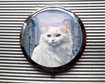 Grand  miroir de poche avec chat : lumières d'hiver