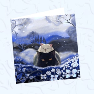 carte chat, carte de voeux chat , brumes matinales