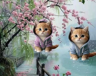 Tarjeta de felicitación para el Día de la Madre, doble con gato: flores de cerezo.