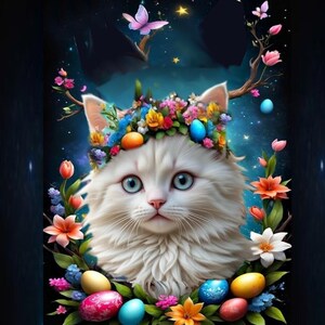 carte de voeux , pâques, double avec chat : ma couronne de Pâques