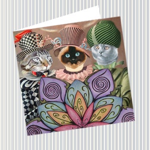 carte d'inspiration russe, double , carrée avec chats  : les  3 mages