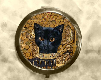 Grand  miroir de poche avec chat : Un chat en or