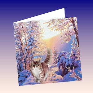 Carte  de voeux double avec chat  : un hiver plein de couleurs