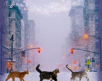 Tarjeta de Navidad/Año Nuevo, tarjeta doble con gato: nieblas invernales