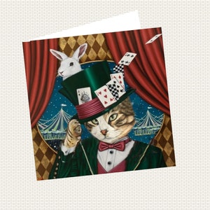carte avec chat, double chat, carte de voeux  ;le magicien