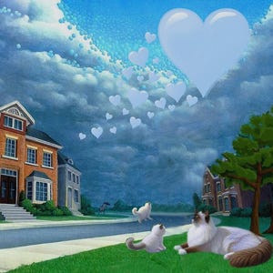 carte de voeux , fête des mères, double avec chat : "pluie de coeurs"