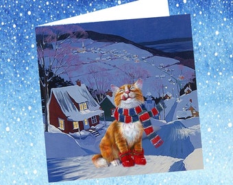 carte Noël, Nouvel an,double avec chat : j'adore la neige