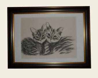 Portrait de chat au fusain :tendres chatons