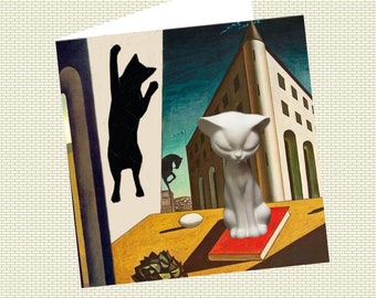 carte de voeux ,double avec chat : façon De Chirico