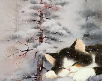 Tarjeta de felicitación doble con gato, Navidad/Año Nuevo, con sobre: Un invierno en Japón