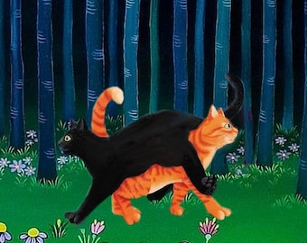 Tarjeta doble cuadrada con gatos: gato negro, gato pelirrojo