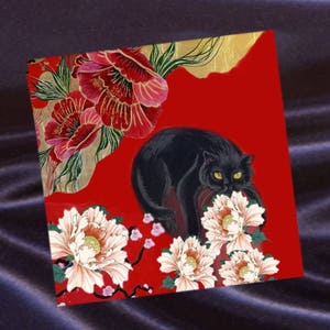 carte carrée avec chat,rêve de pivoines