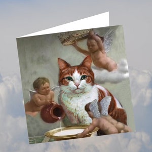 carte double  carrée avec chat  : servi par des anges