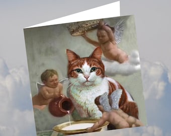 double square card with cat: served by angels