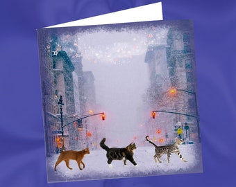 carte Noël, Nouvel an,double avec chat : brumes d'hiver